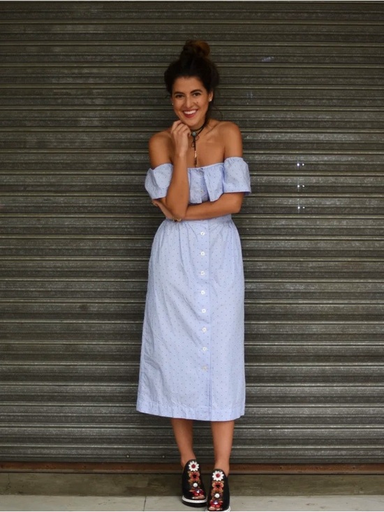 H&M Dresses & Skirts - 🩵 H&M Off Shoulder Midi Dress ✨ Blue Polka Dot Ruffle Button Front – Size 8